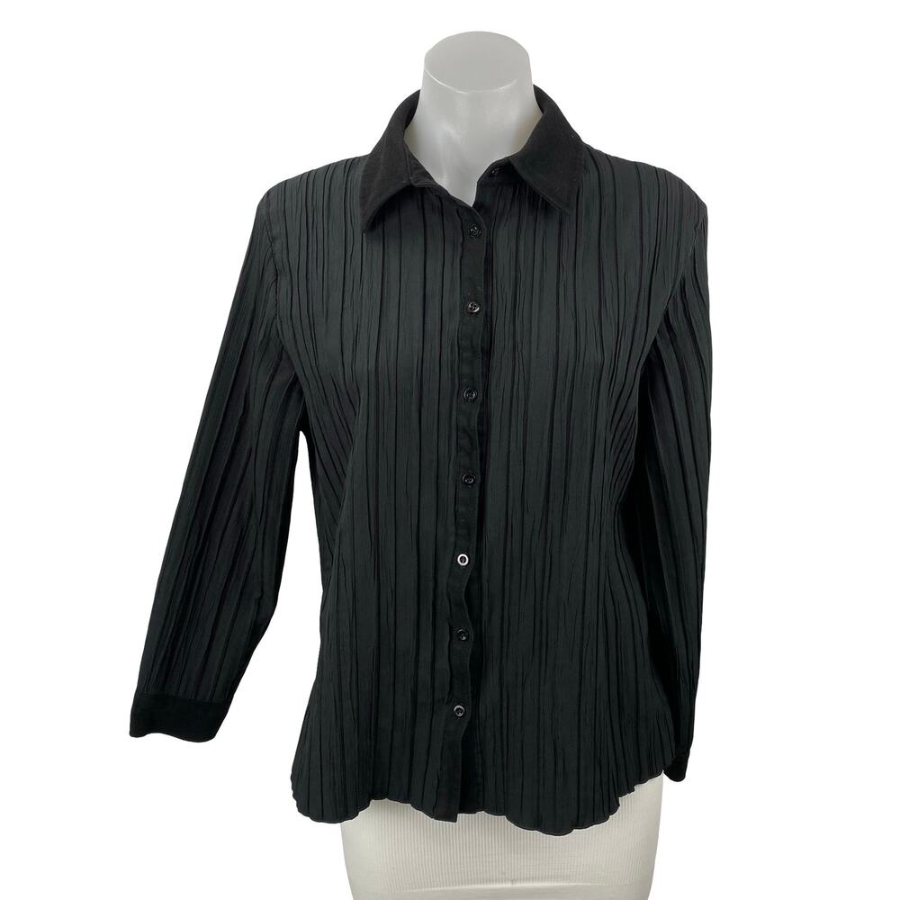Jacqueline Riu Women's Black Long Sleeve Plisse Pleated Button Down Shirt Top 4